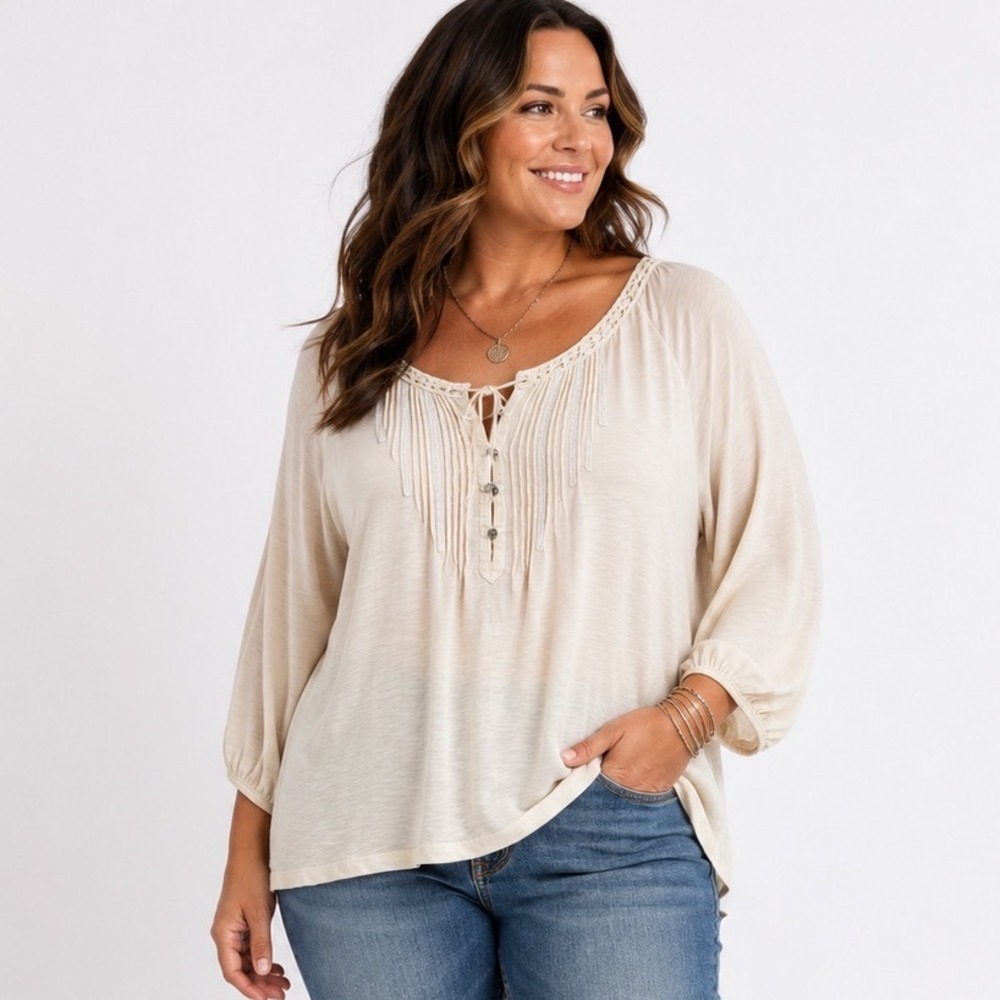 Denim & Supply Ralph Lauren Peasant Top Large Cream Boho Crochet Pintuck Cotton